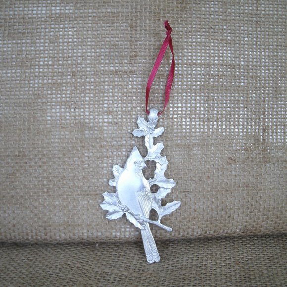 Pewter Cardinal & Holly Hanging Ornament - Picture 2 of 16